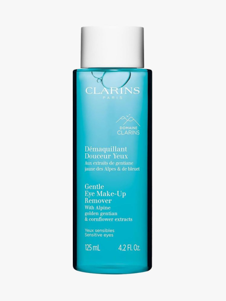 Clarins Instant Eye-Makeup Remover for Sensitive Eyes turquoise bottle with white cap on light gray background