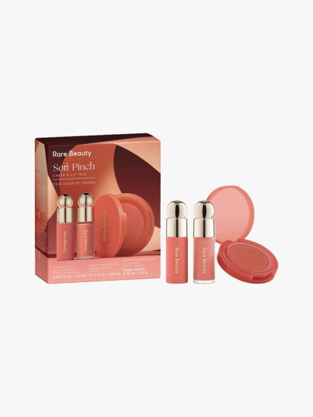 Rare Beauty Soft Pinch Cheek  Lip Trio in multiple branded components on a light gray background
