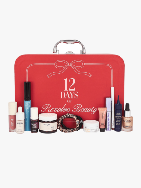 A red case of Revolve 12 Days of Revolve Beauty Advent Calendar on a light gray background